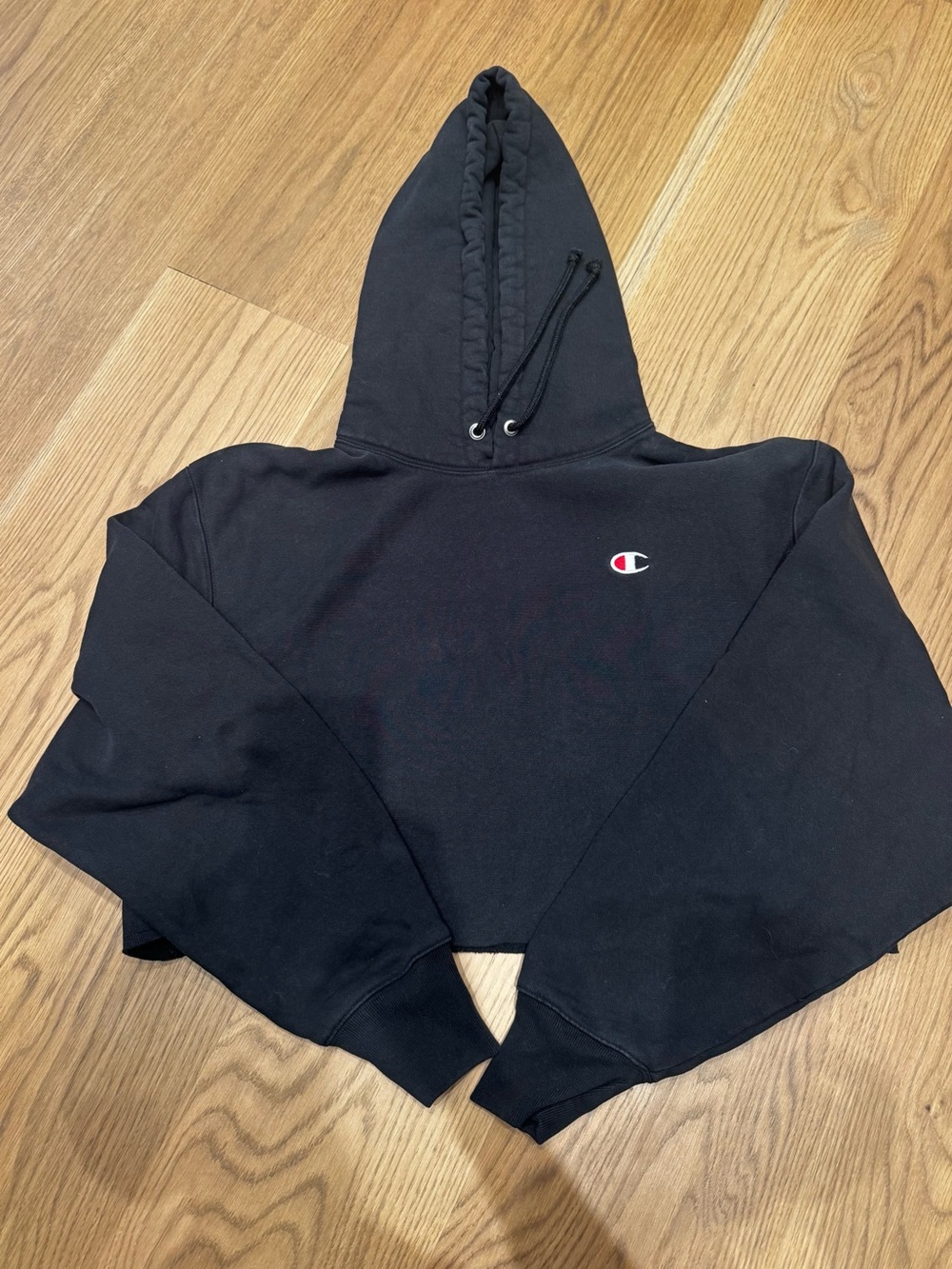 Hipchic branded Champion Black Cropped Hoodie with sequin butterfly on back
